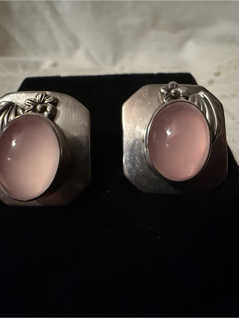 Carol Felley Sterling Silver Pink Cabochon Floral Accent Earrings